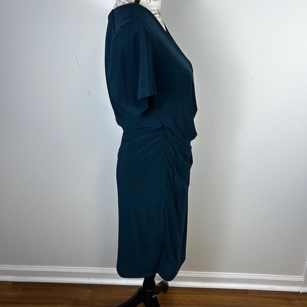 Anne Klein Dress Womens 10 Green Teal Faux Wrap V-Neck Short Sleeve Sheath Midi - Picture 7 of 10